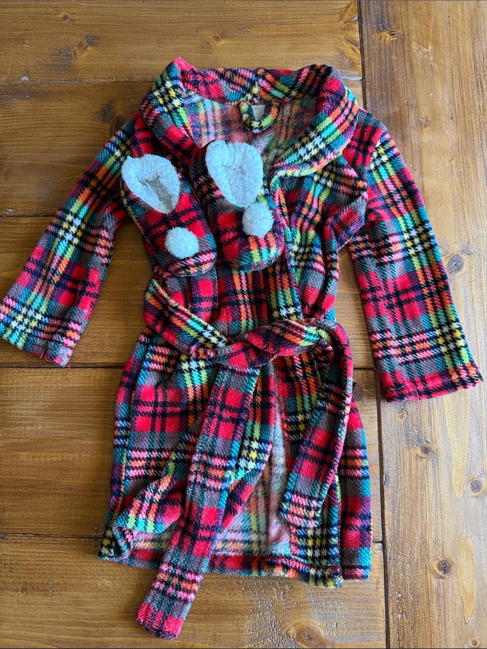 Red Plaid Kids' Fleece Robe with Hood and Pom Accents